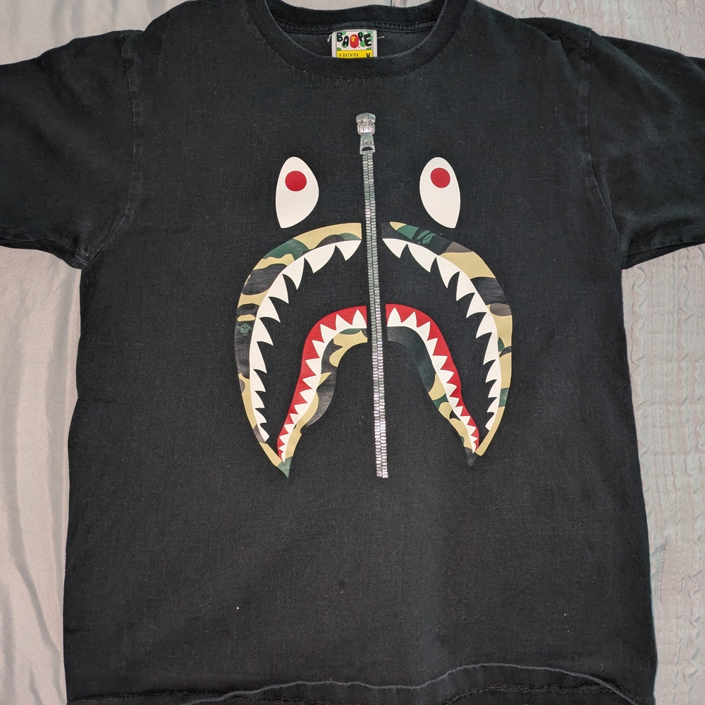 Bape Black Shark Face Tee with Camo and Red Accents